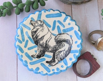 Samoyed American Eskimo Dog Aqua Blue Handmade Ceramic Ring Dish, Trinket Dish, Tea Bag holder, Cone incense burner