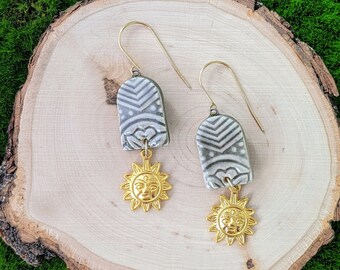 Grey and Gold Ceramic Textured Pendants with Golden Suns Handmade Dangle Drop Sun Celestial Earrings