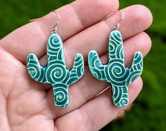 Handmade Textured Saguaro Cactus Cacti Ceramic Dangle Drop Earrings