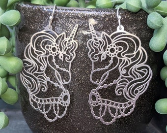 Fanciful Unicorn Carousel Horse Silver Stainless Steel Lightweight Laser Cut Earrings