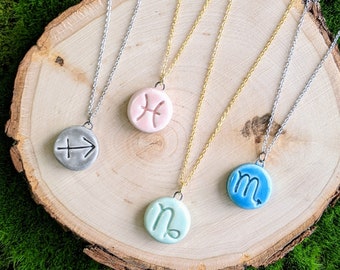 Made to Order ***Please allow up to 3 weeks for shipping.*** Zodiac Astrology Handmade Ceramic Pendant Necklace - You choose sign & color