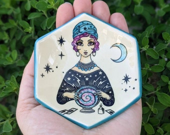 Aqua Blue Celestial Fortune Teller Tarot Reader Moon and Stars Handmade Ceramic Ring Dish, Cone Incense Holder, Tea Bag Holder