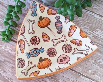 Halloween Spooky Trick or Treat Candy Corn Skull Pumpkin Orange Triangle Handmade Ceramic Pottery Plate, Tray, Ring Dish