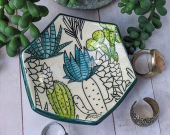 Green Cactus Cacti Succulent Agave Desert Landscape Hexagon Handmade Ceramic Ring Dish, Tea Bag Holder, Cone Incense Holder