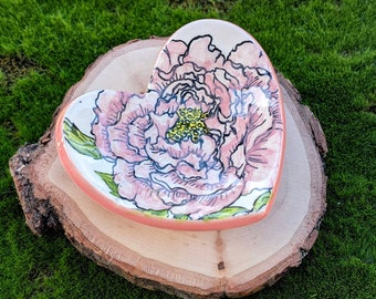 Rosa Pfingstrosen-Blumen-Herzform-handgemachte keramische Ring-Teller, Teebeutel-Halter, Kegel-Weihrauch-Brenner