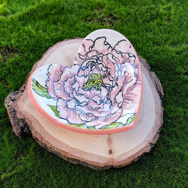 Pink Peony Flower Heart Shape Handmade Ceramic Ring Dish, Tea Bag Holder, Cone Incense Burner