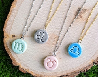 Tiny dainty handmade ceramic Zodiac Horoscope charm pendant - Libra, Taurus, Virgo, Leo