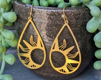 Golden Sun Sunshine Laser Cut Gold Brass Teardrop Shaped Lightweight Dangle Earrings