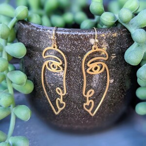 Abstract Face Gold Golden Brass Laser Cut Earrings image 1