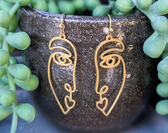 Abstract Face Gold Golden Brass Laser Cut Earrings