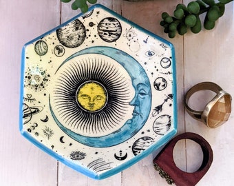 Sun and Moon Blue and Yellow Celestial Space Handmade Hexagon Shaped Ceramic Pottery Ring Dish, Jewelry Holder, Incense Burner