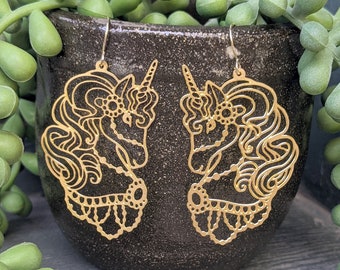 Unicorn Carousel Horse Gold Golden Brass Laser Cut Lightweight Dangle Earrings