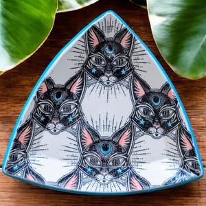 Mystic Moon Black Cat Witchy Kitty Triangle Handmade Ceramic Pottery Plate, Tray, Ring Dish