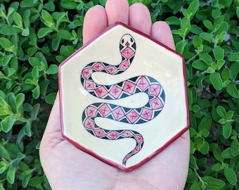 Burgundy Red Diamondback Snake Handmade Ceramic Trinket Dish, Cone Incense Holder, Small Spoon Rest