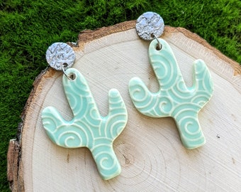 Mint Green Saguaro Cactus Handmade Ceramic Earrings