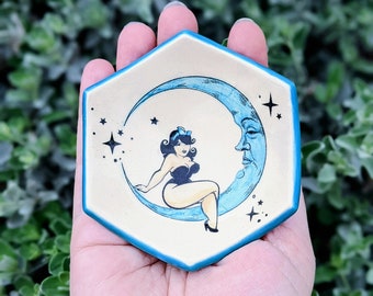 Moon Babe Pin Up Aqua Blue Hexagon Handmade Ceramic Ring Dish Trinket Dish Tea Bag Holder