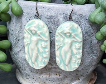 Mint Green Art Nouveau Lady Bohemian Handmade Ceramic Clay Dangle Earrings