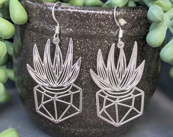 Potted Plant, Aloe, Agave, Succulent in Geometric Planter Stainless Steel Laser Cut Earrings