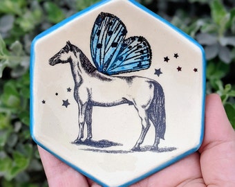 Aqua Blue Pegasus Butterfly Horse With Wings Handmade Hexagon Ceramic Ring Dish, Spoon Rest, Cone Incense Burner Holder