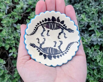 Stegosaurus Dinosaur Skeleton Bones Handmade Ceramic Jewelry Dish, Tooth Fairy Dish, Tea Bag Holder