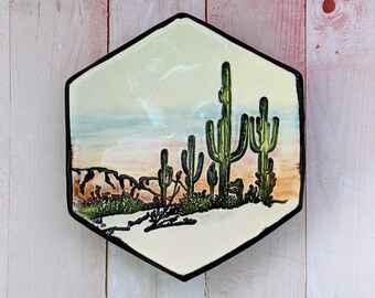 Desert Sunset Landscape Arizona Saguaro Cactus Handmade Ceramic Pottery Trinket Dish, Cone Incense Burner, Ring Holder, Small Spoon Rest