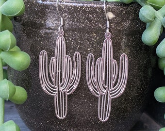 Saguaro Cactus Cacti Laser Cut Earrings, Silver Stainless Steel