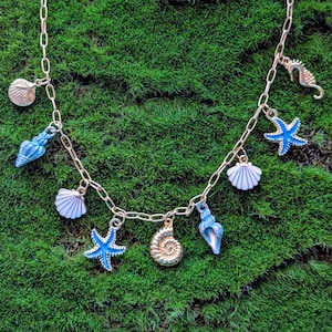Seashell Mermaid Charm Necklace, Handmade, Gold and Blue, with Shells, Starfish, Seahorse
