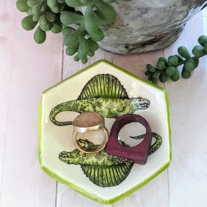 Hexagon Chartreuse Green Dimetrodon Dinosaur Handmade Ceramic Pottery Jewelry Dish, Tooth Fairy Dish, Tea Bag Holder image 2