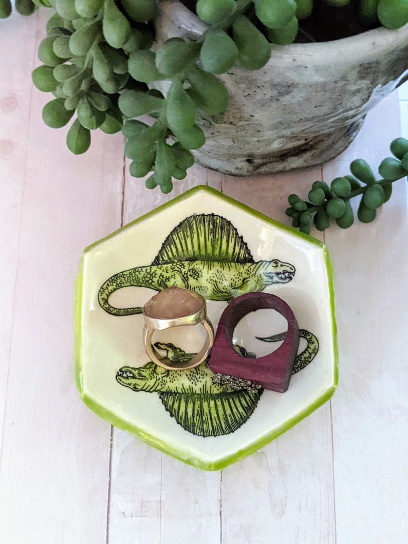 Hexagon Chartreuse Green Dimetrodon Dinosaur Handmade Ceramic Pottery Jewelry Dish, Tooth Fairy Dish, Tea Bag Holder image 2