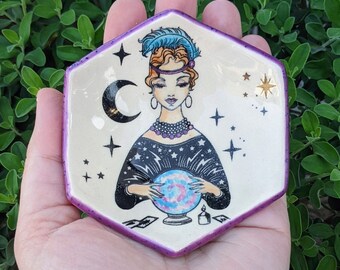 Fortune Teller Celestial Purple Moon and Stars Handmade Ceramic Jewelry Dish, Small Spoon Rest, Tea bag holder, Crystal display dish