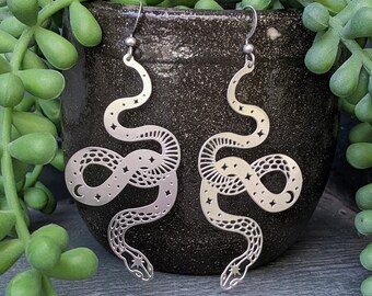 Celestial Snake Witchy Silver Stainless Steel Laser Cut Dangle Earrings