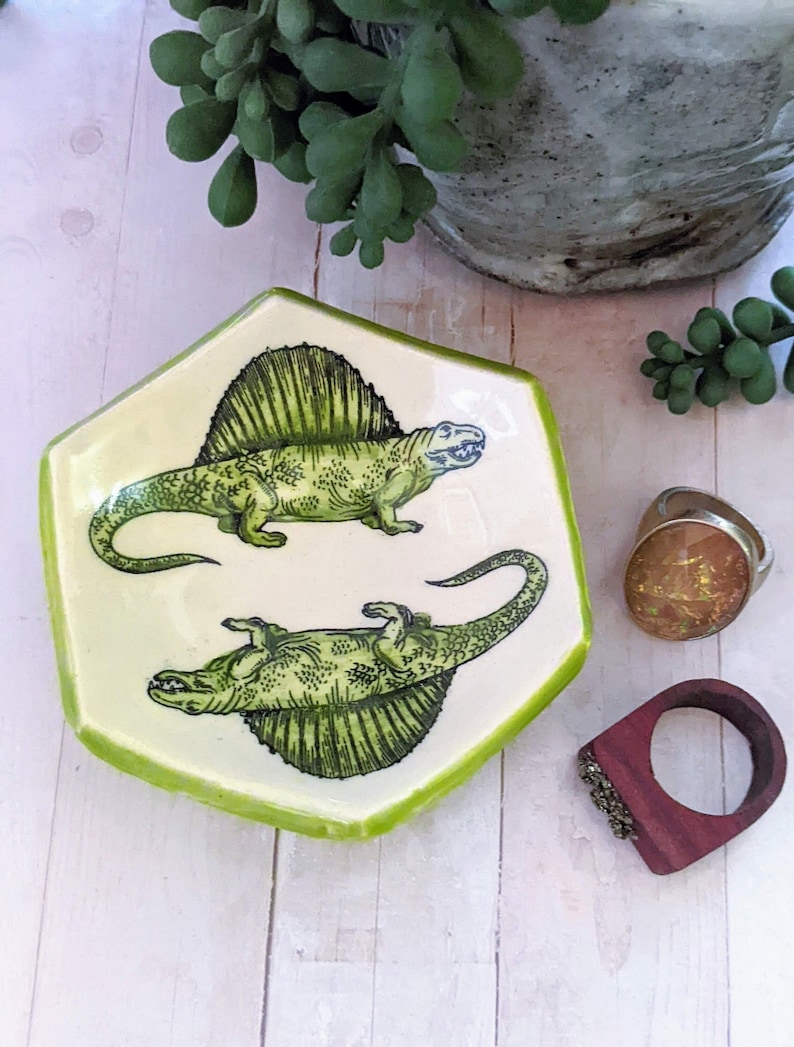 Hexagon Chartreuse Green Dimetrodon Dinosaur Handmade Ceramic Pottery Jewelry Dish, Tooth Fairy Dish, Tea Bag Holder image 1