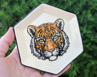 Orange Tiger Hexagon Big Cat Handmade Ceramic Tray, Spoon Rest, Jewelry Dish, Soap Dish