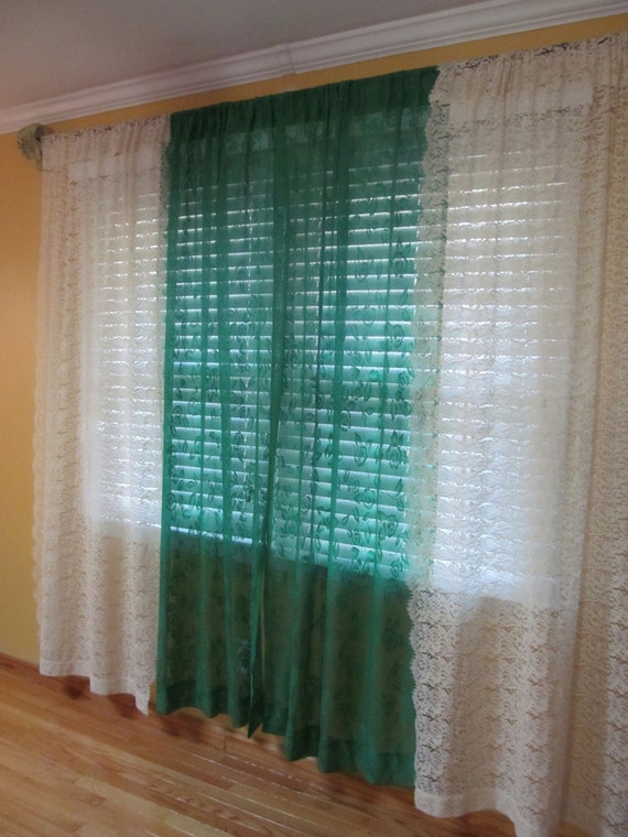 Green Cream Mix Lace Curtain Panels Sale Etsy