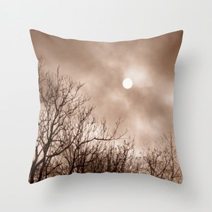 May include: A sepia toned photograph of bare branches against a cloudy sky with a bright white sun shining through the clouds.