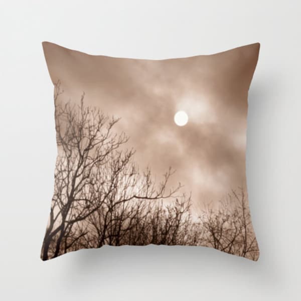 Sun Pillow, Moon Pillow Case, Tree Silhouette Pillow, Winter Pillow, Gothic Decor, Earthy Decor, Nature Home Decor 16X16 18X18 Throw Pillow