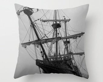 Pirate Ship Pillow, Black and White Pillow, Tall Ship Pillow, Nautical Decor, Ocean Pillow, Nautical Pillow, Beach House Pillows,16X16 18X18
