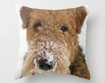 Snow Dog Throw Pillow, Airedale Terrier, Photo Pillow Case, Cute Pillowcase, Winter Decoration, Nursery Decor, Ecofriendly, 16X16 pillow