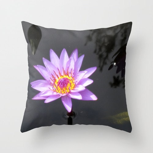 Water Lily Pillow, Lotus Flower Pillow, Purple Pillow Cover, Floral Pillowcase, Zen Decor, Lily
