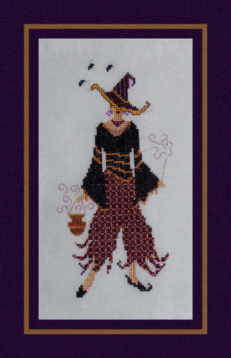 Halloween Cross Stitch Instant Download PDF. Witch For A Night Counted Embroidery Pattern Whimsical Design. X Stitch. DIY Home Decor. image 1