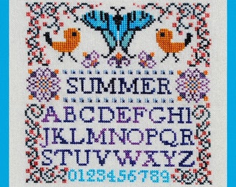 Cross Stitch Instant Download Pattern Mini Summer Sampler! Counted Embroidery Chart Whimsical Alphabet Letters Initials Monogram X Stitch