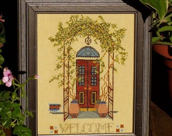 Cross Stitch Instant Download Pattern "Island Gateways" Counted Embroidery Chart. Welcome X Stitch. Flowers Arbor Gate Design.