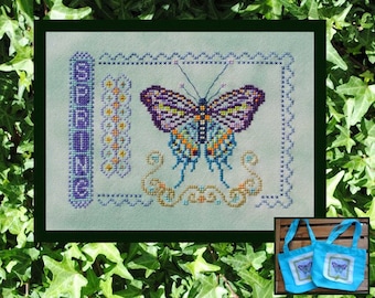 Point de croix Téléchargement instantané Modèle Printemps. Tableau de broderie compté. Échantillonneur papillon X Stitch. Saisonnier. Graphiques et designs turquoise.