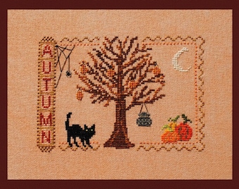 Cross Stitch Instant Download "Autumn" Halloween-ish Pattern  Counted Embroidery Chart Cat Tree Pumpkins Fall Season Sampler X Stitch Design