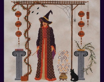 Patrón de descarga instantánea de punto de cruz de Halloween "Algo malvado" Gráfico de bordado contado Diseño de bruja Reliquias Eva Caldero Gato X Puntada