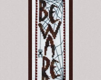 Halloween Cross Stitch Instant Download Pattern "Beware" Counted Embroidery. X Stitch Spider Web Design. DIY Home Decor.