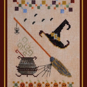 Halloween Cross Stitch Instant Download Pattern Counted Embroidery &quot;Tools Of The Trade&quot; Design Witch Hat Broom Cauldron Spider Web XStitch