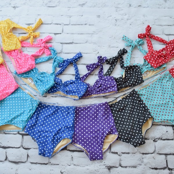 Girls retro polka dot high waist bikini ~ Choose your color ~ Sizes 2-12