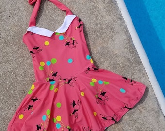 Pink retro poodle print one piece girls skirted swim dress swimsuit
