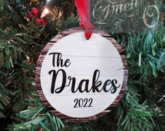 Faux Wood Look Family Name Christmas Tree Ornament, Aluminum, Custom Family Keepsake Ornament